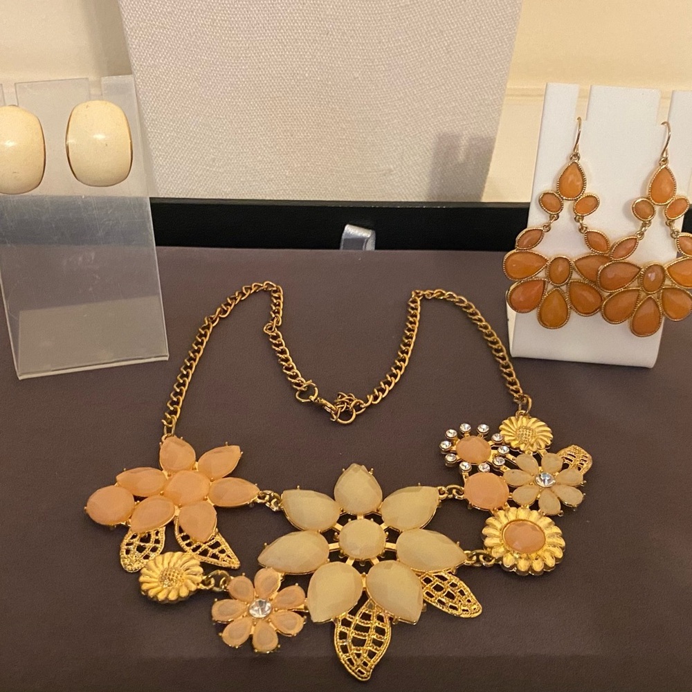 Gold-Tone Peach Floral Statement Necklace and two Earring Sets (one Napier)